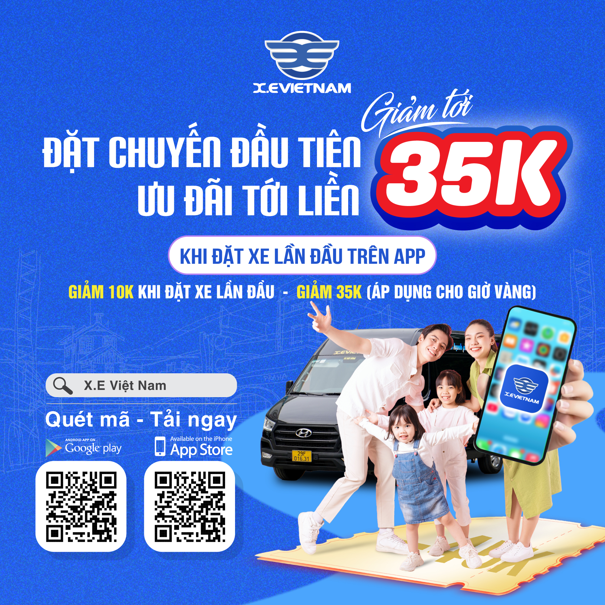 Đặt xe lần đầu qua App X.E Việt Nam, Tiết kiệm lên tới 35.000 VNĐ!
